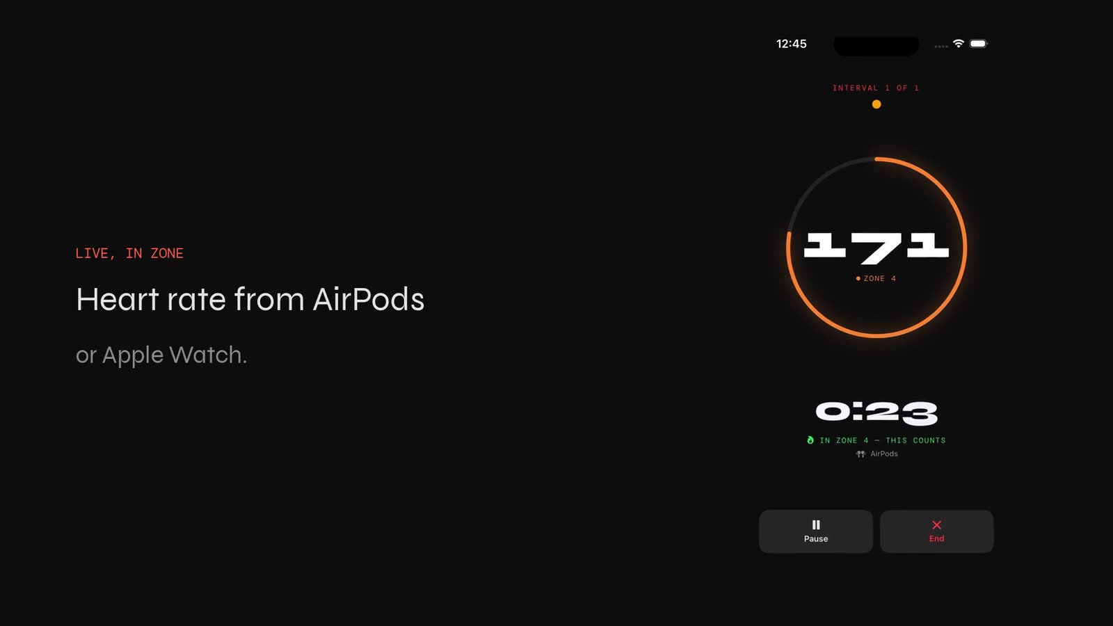 NTRVL mid-interval: the phone shows a heart rate of 171 in zone 4, with the caption "Heart rate from AirPods or Apple Watch."